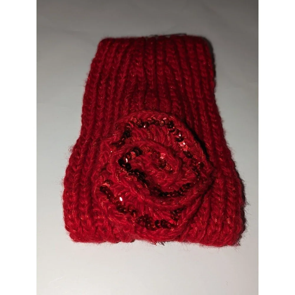 Claire's Red knit Headband ear cover with sequins and flower‎
